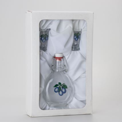 Set 1x Botella de vidrio y 2x vasos para chupitos transparentes con motivo de ciruelas