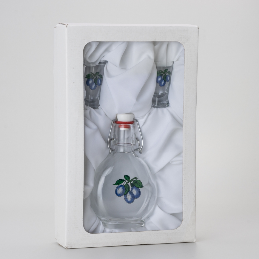 Set 1x Botella de vidrio y 2x vasos para chupitos transparentes con motivo de ciruelas