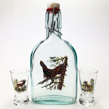 Set 1x vidrio botella y 2x Vaso de chupito transparente con motivos de animales