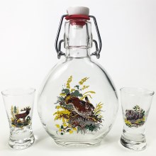 Set 1x vidrio botella y 2x Vaso de chupito transparente con motivos de animales