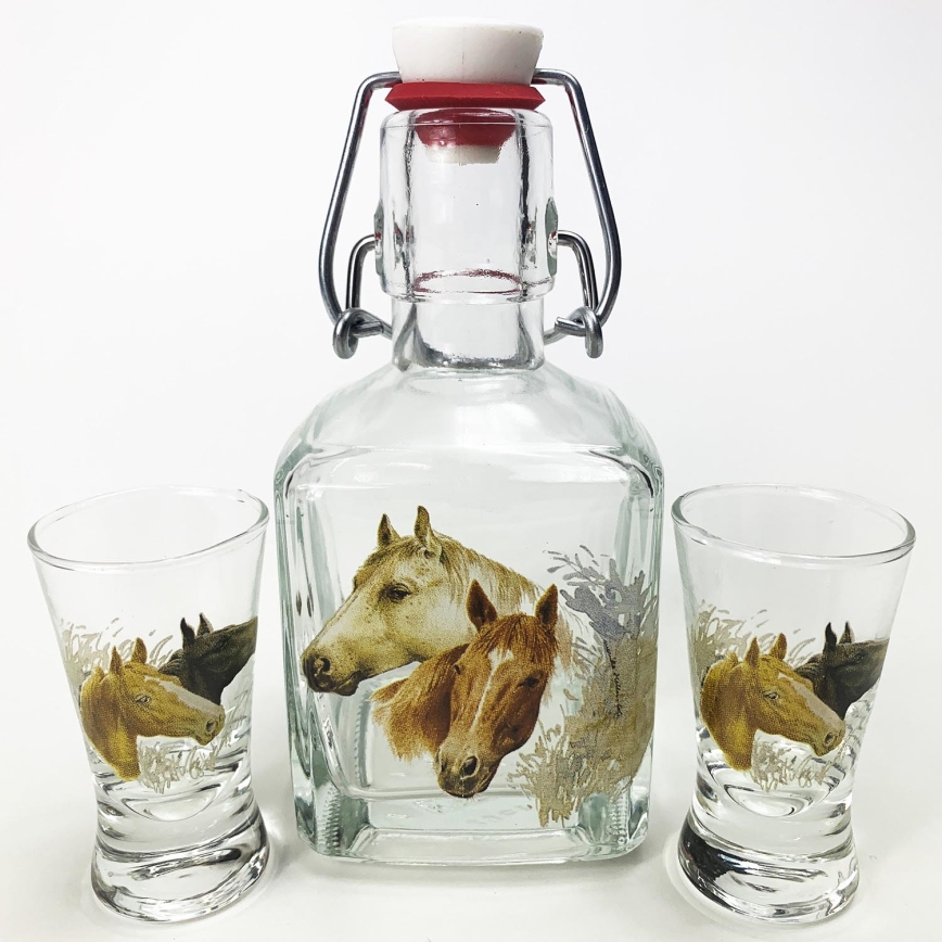 Set 1x vidrio botella y 2x Vaso de chupito transparente con motivos de caballos