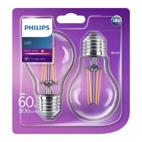 SET 2x Bombilla LED E27/6W/230V - Philips