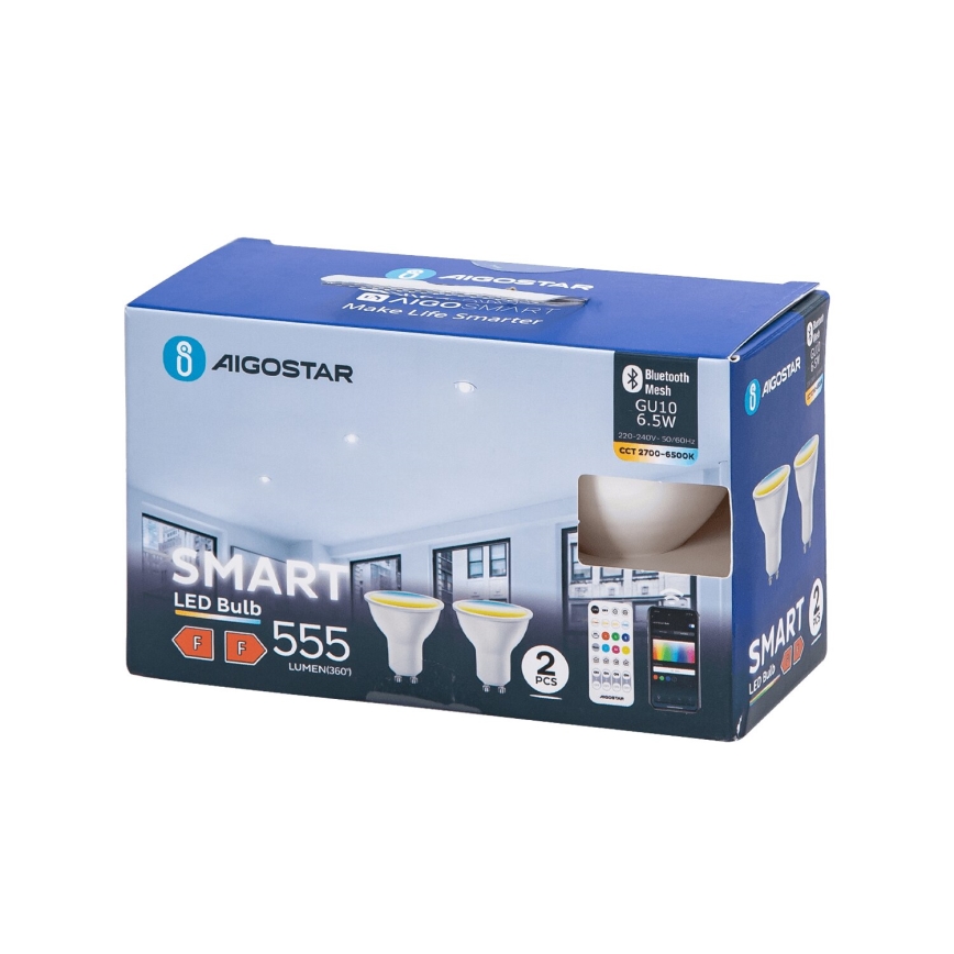 SET 2x Bombilla LED regulable MESH Inteligente GU10/6,5W/230V 2700-6500K + control remoto - Aigostar