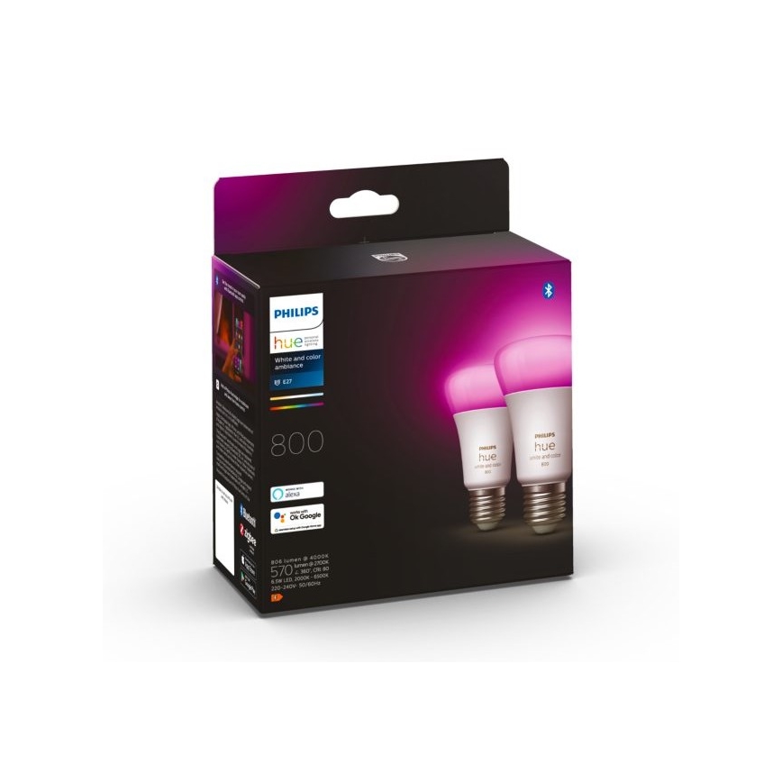 SET 2x Bombilla LED regulable Philips Hue White And Color Ambiance A60 E27/6,5W/230V 2000-6500K