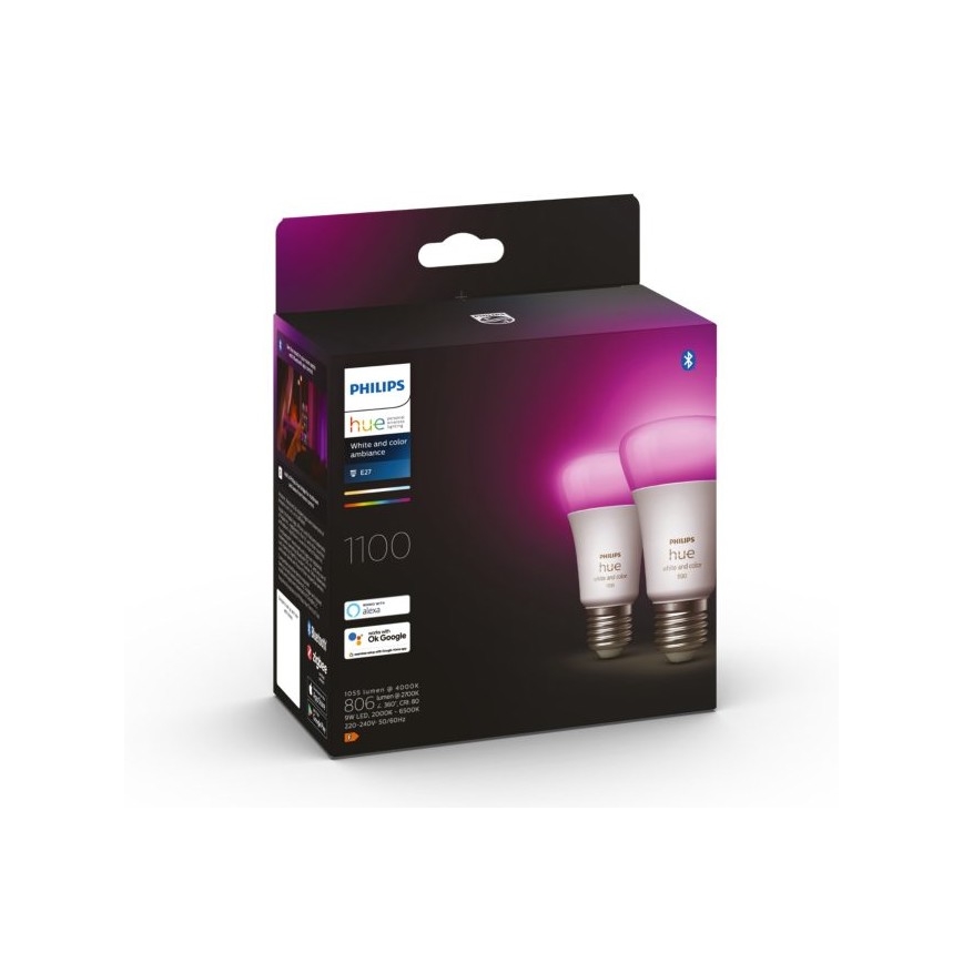 SET 2x Bombilla LED regulable Philips Hue White And Color Ambiance A60 E27/9W/230V 2000-6500K