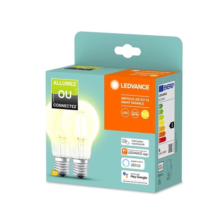 SET 2x Bombilla LED regulable SMART+ A60 E27/6W/230V 2700K - Ledvance