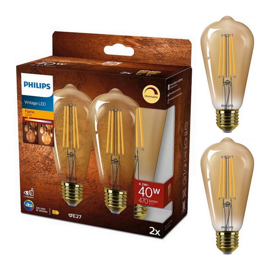 SET 2x Bombilla LED regulable VINTAGE Philips ST64 E27/4,2W/230V 2200K
