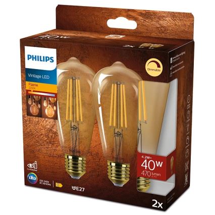 SET 2x Bombilla LED regulable VINTAGE Philips ST64 E27/4,2W/230V 2200K