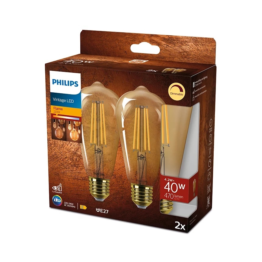 SET 2x Bombilla LED regulable VINTAGE Philips ST64 E27/4,2W/230V 2200K