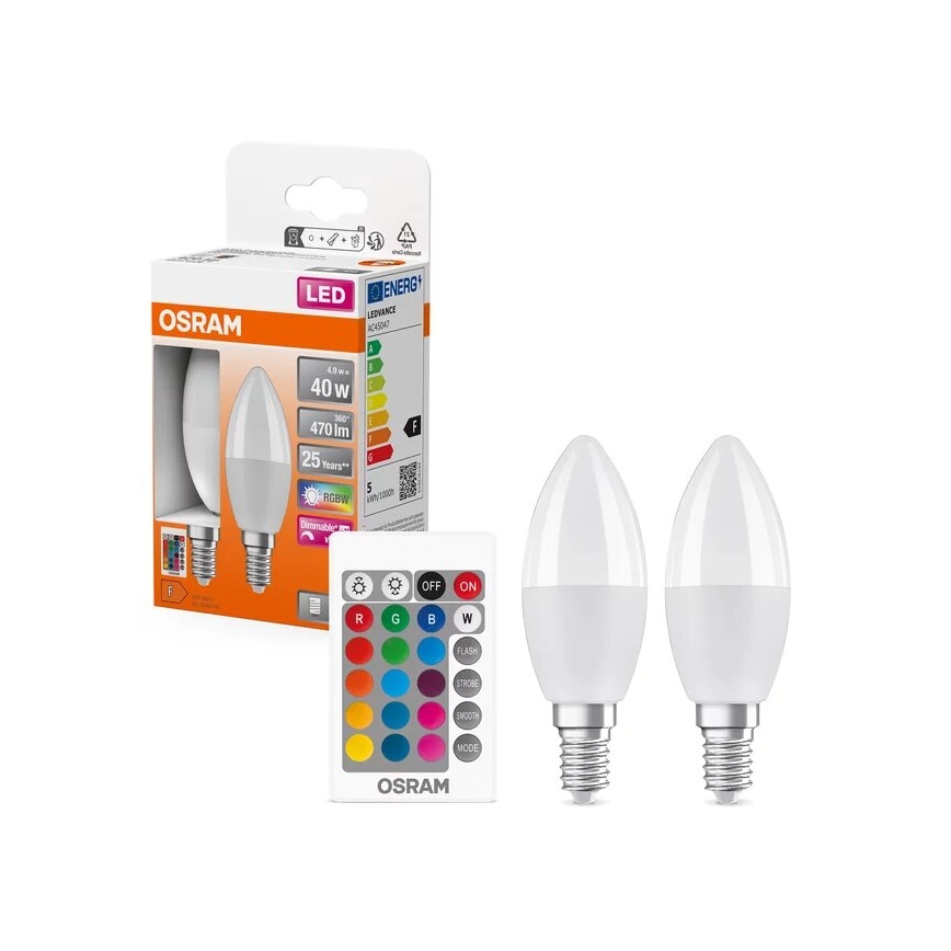 SET 2x Bombilla LED RGBW regulable B38 E14/4,9W/230V 2700K + control remoto - Osram