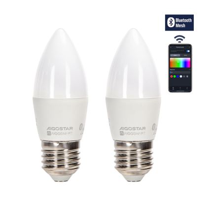 SET 2x Bombilla LED RGBW regulable MESH Inteligente C37 E27/6,5W/230V 2700-6500K + control remoto - Aigostar