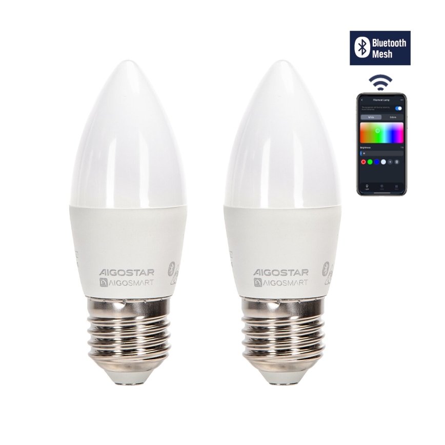 SET 2x Bombilla LED RGBW regulable MESH Inteligente C37 E27/6,5W/230V 2700-6500K + control remoto - Aigostar