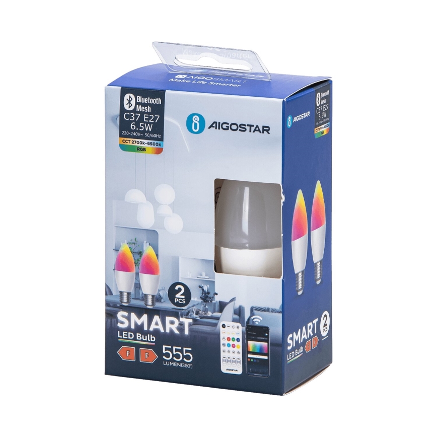 SET 2x Bombilla LED RGBW regulable MESH Inteligente C37 E27/6,5W/230V 2700-6500K + control remoto - Aigostar