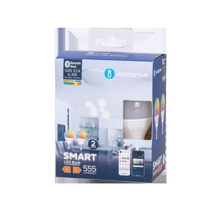 SET 2x Bombilla LED RGBW regulable MESH Inteligente G45 E14/6,5W/230V 2700-6500K - Aigostar