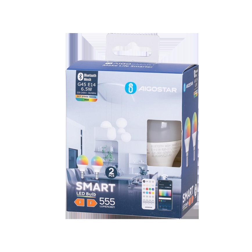 SET 2x Bombilla LED RGBW regulable MESH Inteligente G45 E14/6,5W/230V 2700-6500K - Aigostar