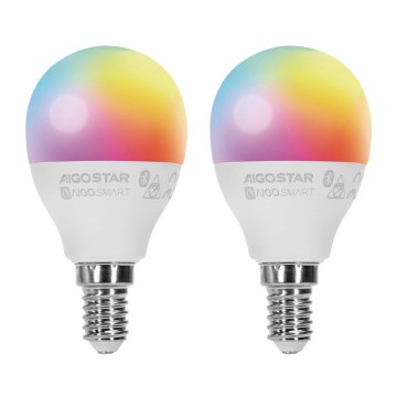 SET 2x Bombilla LED RGBW regulable MESH Inteligente G45 E14/6,5W/230V 2700-6500K - Aigostar