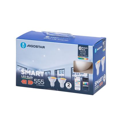 SET 2x Bombilla LED RGBW regulable MESH Inteligente GU10/6,5W/230V 2700-6500K - Aigostar