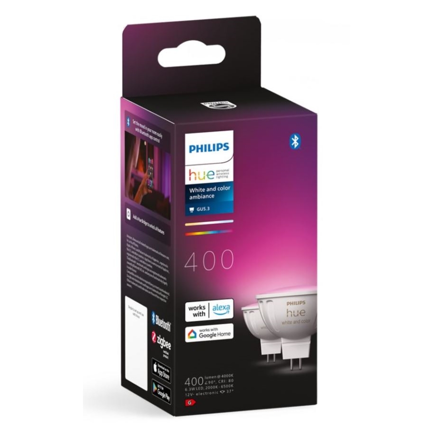 SET 2x Bombilla LED RGBW regulable Philips Hue White And Color Ambiance GU5,3/MR16/6,3W/12V 2000-6500K