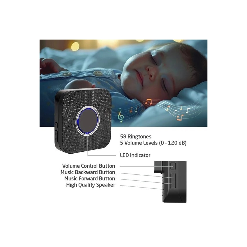 SET 2x Timbre inalámbrico con enchufe integrado cinético 230V negro