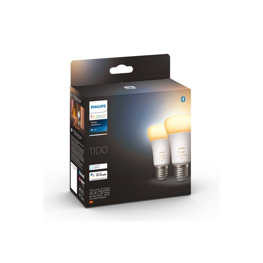 SET 2xLED Bombilla regulable Philips Hue WHITE AMBIANCE E27/8W/230V 2200-6500K