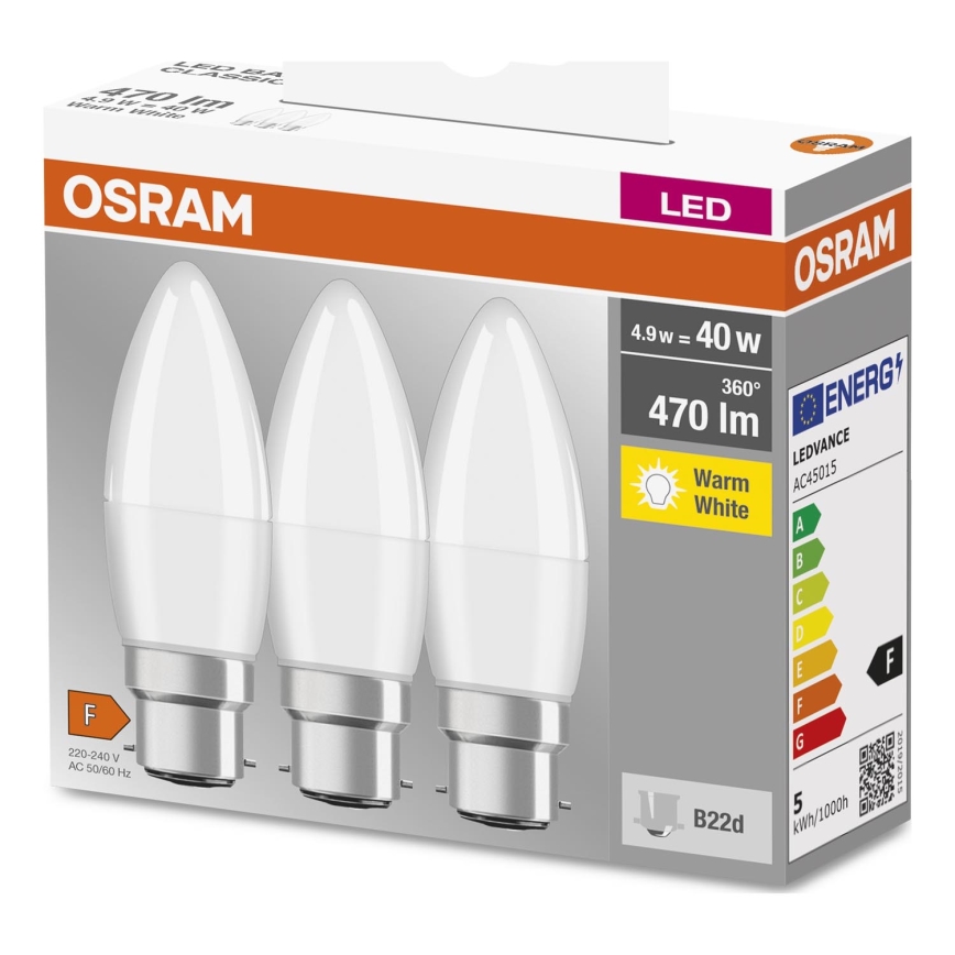 SET 3x Bombilla LED B38 B22d/4,9W/230V 3000K - Osram