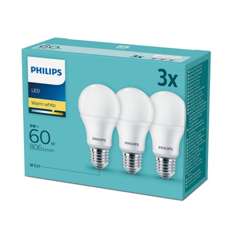 SET 3x Bombilla LED Philips E27/9W/230V 2700K