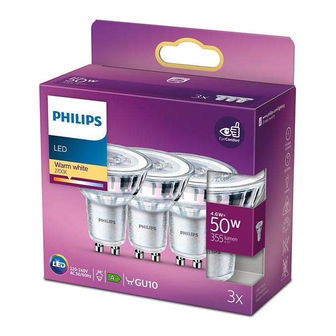SET 3x Bombilla LED Philips GU10/4,6W/230V 2700K