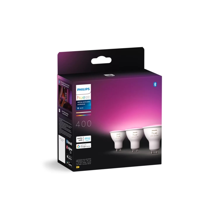 SET 3x Bombilla LED RGBW regulable Philips Hue WHITE AND COLOR AMBIANCE GU10/4,2W/230V 2000-6500K