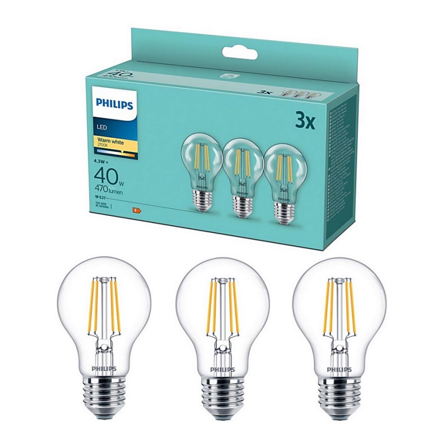 SET 3x Bombilla LED VINTAGE Philips E27/4,3W/230V 2700K