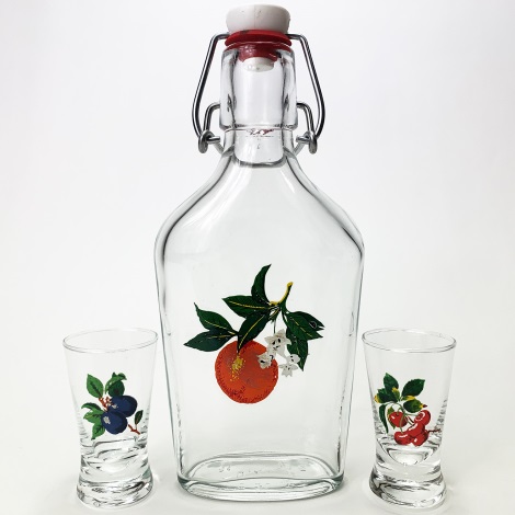 Set vector - 1x grande botella + 2x Vaso de chupito transparente con motivo de frutas