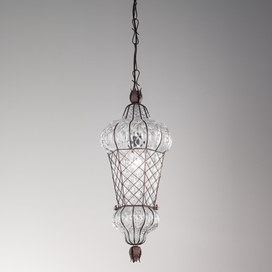 SIRU - Lámpara colgante con cadena BABÀ 1xE27/60W/230V diá. 30 cm transparente/marrón Vidrio veneciano