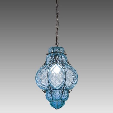 SIRU- Lámpara colgante con cadena CLASSIC 1xE27/60W/230V diá. 30 cm azul/negro Vidrio veneciano