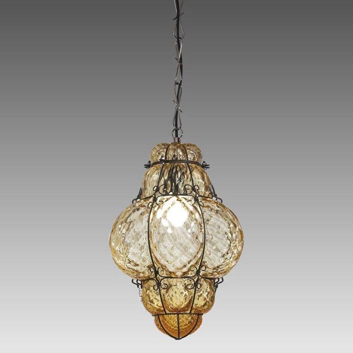 SIRU - Lámpara colgante con cadena CLASSIC 1xE27/60W/230V diá. 30 cm beige/negro Vidrio veneciano