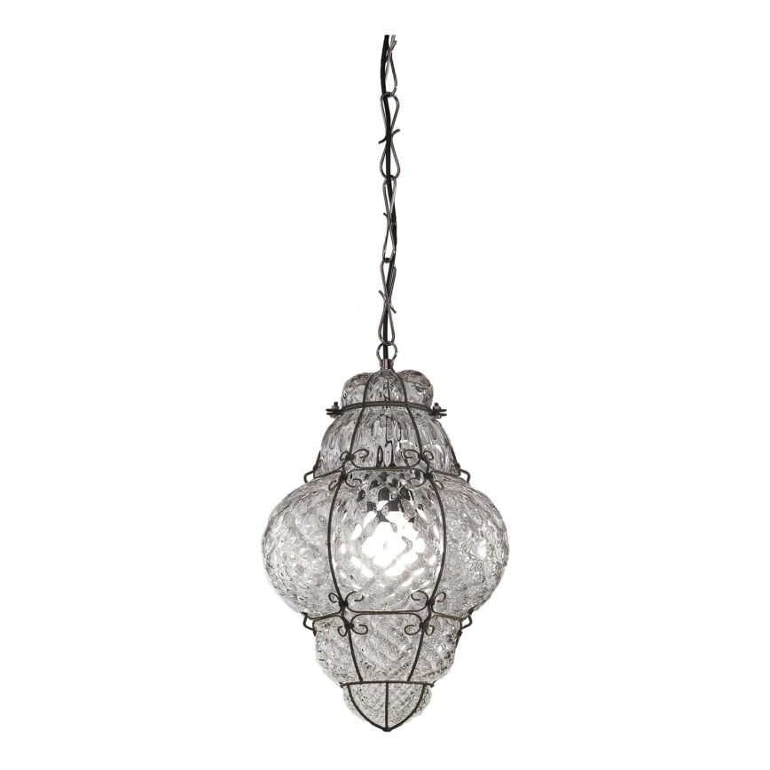 SIRU - Lámpara colgante con cadena CLASSIC 1xE27/60W/230V diá. 30 cm transparente/negro Vidrio veneciano