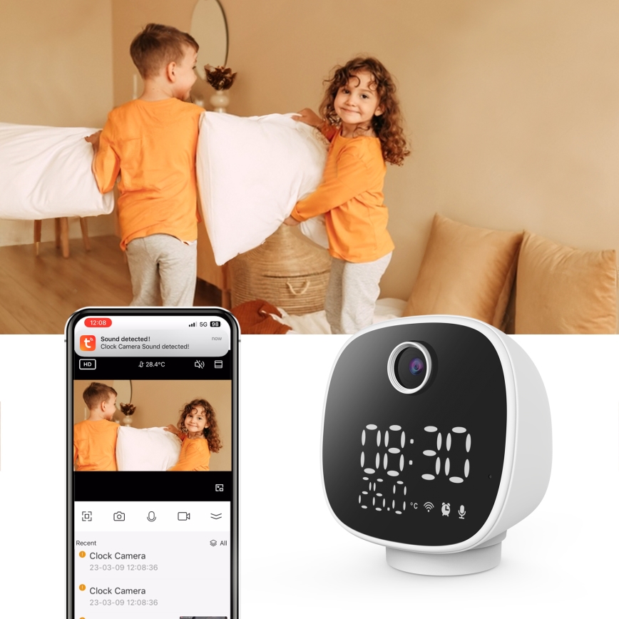 Cámara inteligente con despertador, termómetro y luz LED 1296p 3Mpx 5V Wi-Fi Tuya IP65