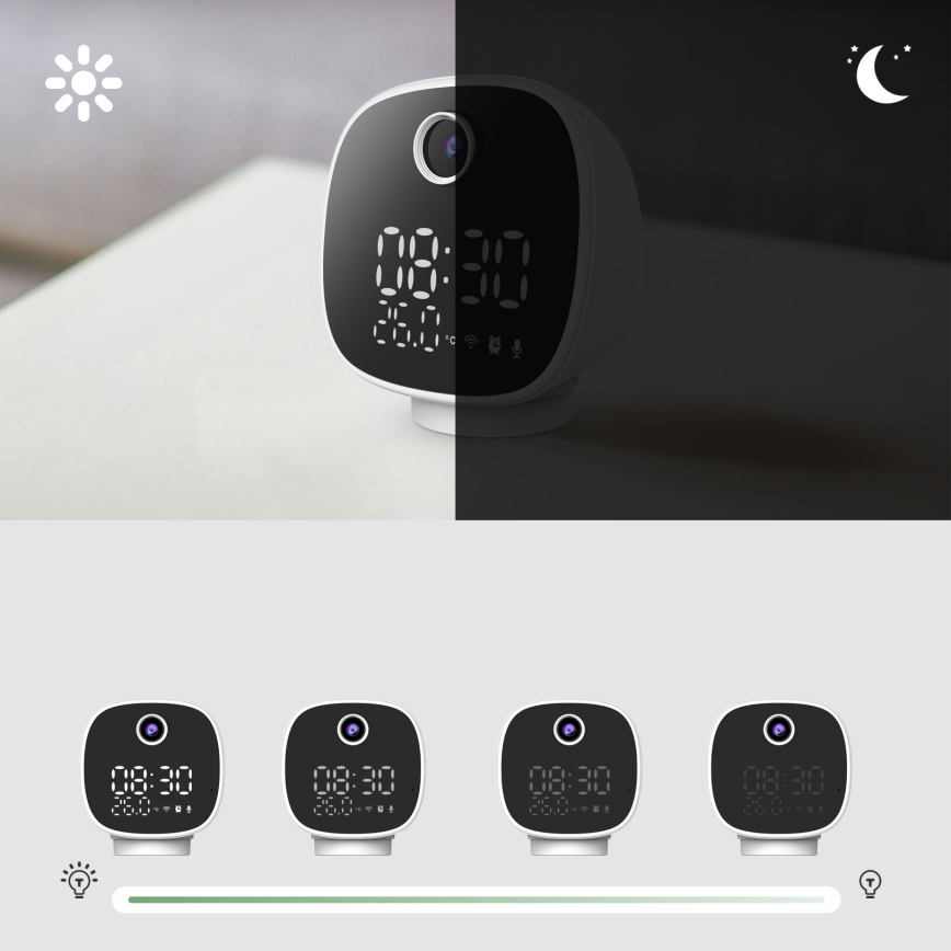 Cámara inteligente con despertador, termómetro y luz LED 1296p 3Mpx 5V Wi-Fi Tuya IP65