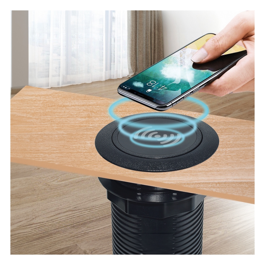 Cargador inalámbrico empotrable + USB A+C negro