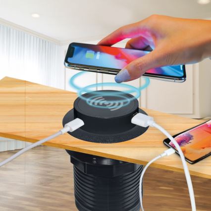 Cargador inalámbrico empotrable + USB A+C negro