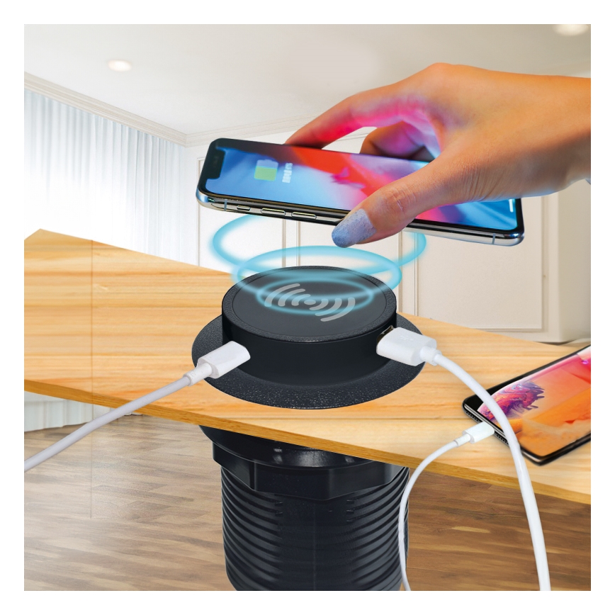 Cargador inalámbrico empotrable + USB A+C negro