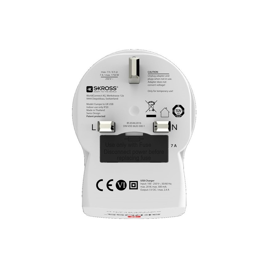 Adaptador de viaje para Reino Unido 230V + 2x puerto USB