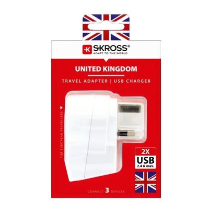 Adaptador de viaje para Reino Unido 230V + 2x puerto USB