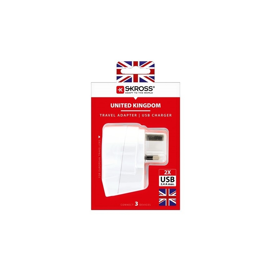 Adaptador de viaje para Reino Unido 230V + 2x puerto USB