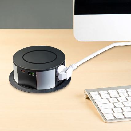 Columna de enchufes para mesa con carga inalámbrica Qi 3x230V + 1xUSB-A + 1xUSB-C negro/plata