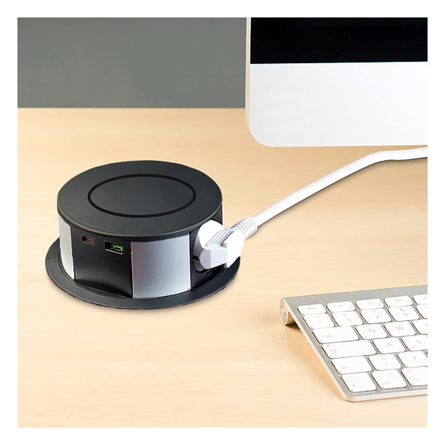 Columna de enchufes para mesa con carga inalámbrica Qi 3x230V + 1xUSB-A + 1xUSB-C negro/plata