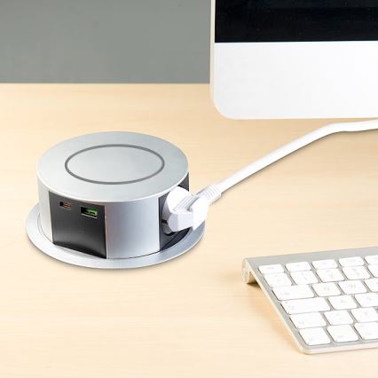 Columna de enchufes para mesa con carga inalámbrica Qi 3x230V + 1xUSB-A + 1xUSB-C plata/negro