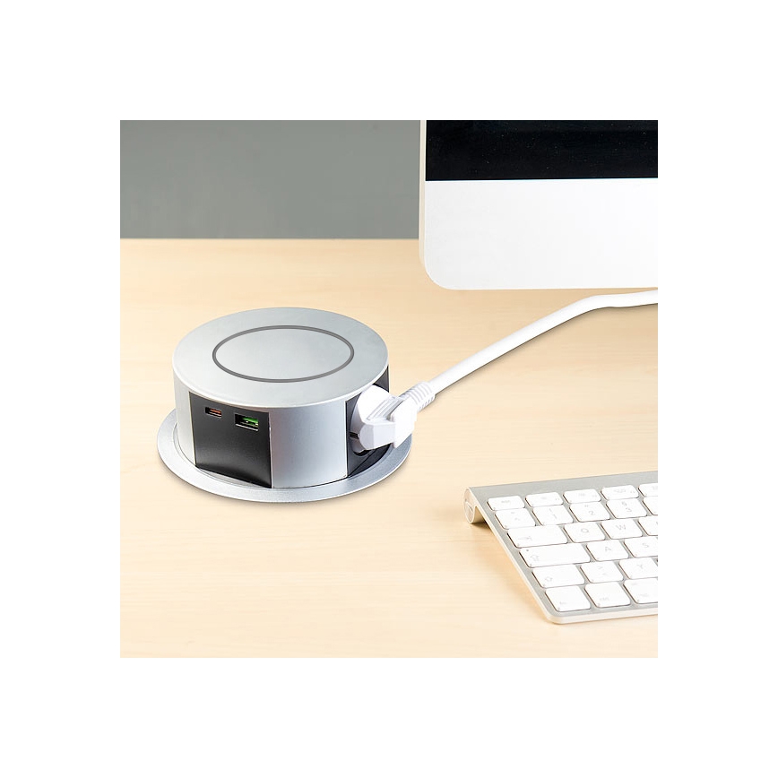 Columna de enchufes para mesa con carga inalámbrica Qi 3x230V + 1xUSB-A + 1xUSB-C plata/negro