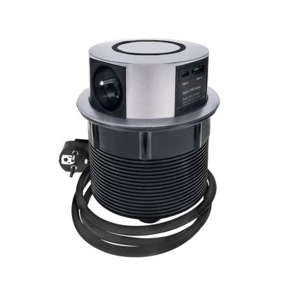 Columna de enchufes para mesa con carga inalámbrica Qi 3x230V + 1xUSB-A + 1xUSB-C plata/negro