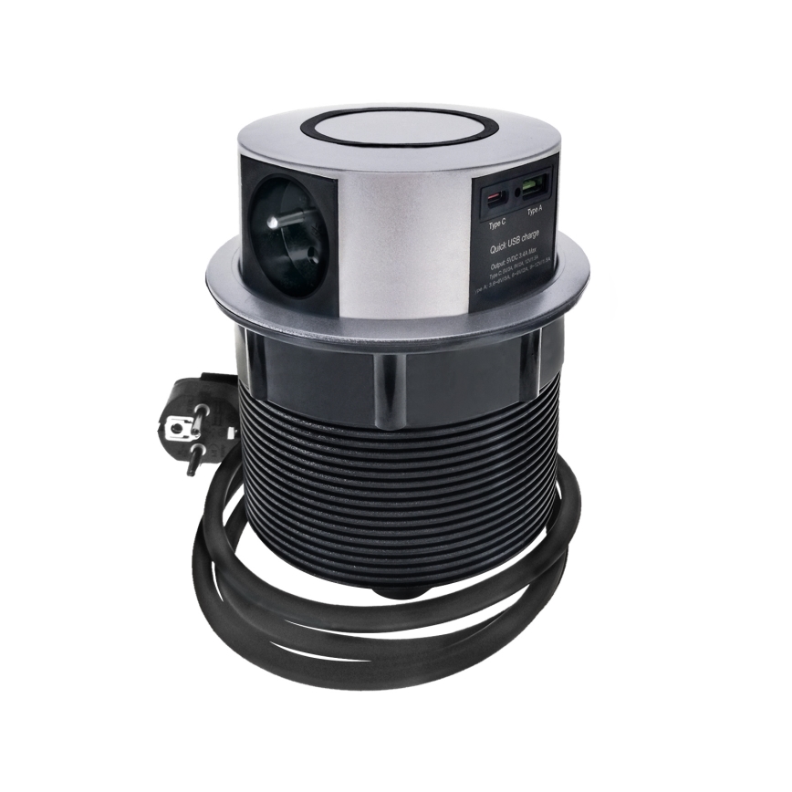 Columna de enchufes para mesa con carga inalámbrica Qi 3x230V + 1xUSB-A + 1xUSB-C plata/negro