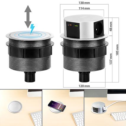 Columna de enchufes para mesa con carga inalámbrica Qi 3x230V + 1xUSB-A + 1xUSB-C plata/negro