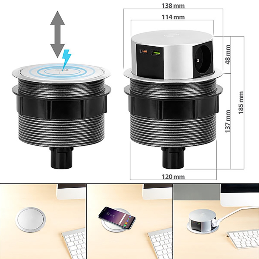 Columna de enchufes para mesa con carga inalámbrica Qi 3x230V + 1xUSB-A + 1xUSB-C plata/negro